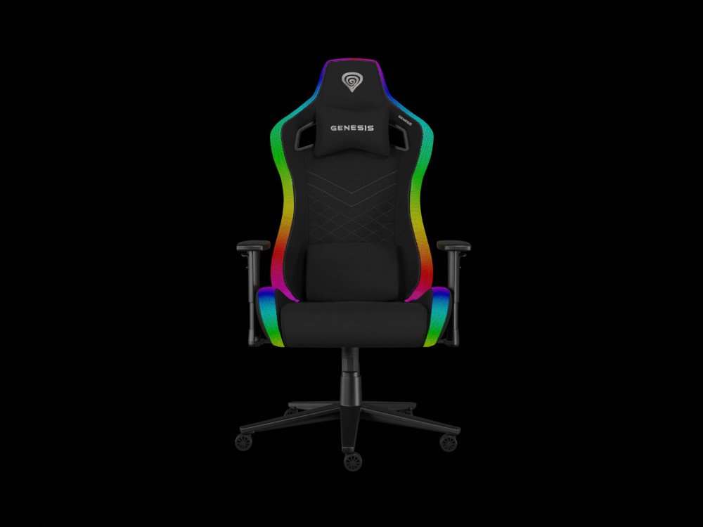 Genesis trit 660 rgb | črn | tkanina | 2d nasloni | spominska pena | do 150 kg | gaming stol 1 Genesis trit 660 rgb črn gaming stol sprednji pogled z rgb osvetlitvijo