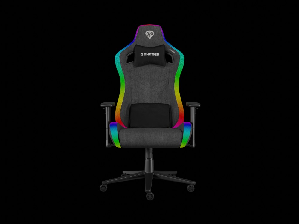 Genesis trit 660 rgb | siva | zračno blago | 2d nasloni za roke | memory foam blazini | do 150 kg | gaming stol 1 Genesis trit 660 rgb siv gaming stol sprednji pogled z rgb osvetlitvijo